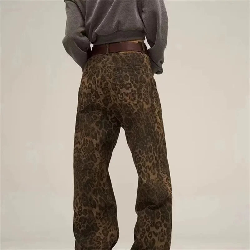 Tan Leopard Jeans Women Denim Pants Female Oversize Wide Leg Trousers Streetwear Hip Hop Vintage Clothes Loose Casual - Matrix-studios.com