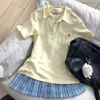 Deeptown Blue Polo Shirts Women Shoujo JK Japanese Preppy Style White T-shirts Short Sleeve Embroidered Tees Basic Pink Tops - Matrix-studios.com