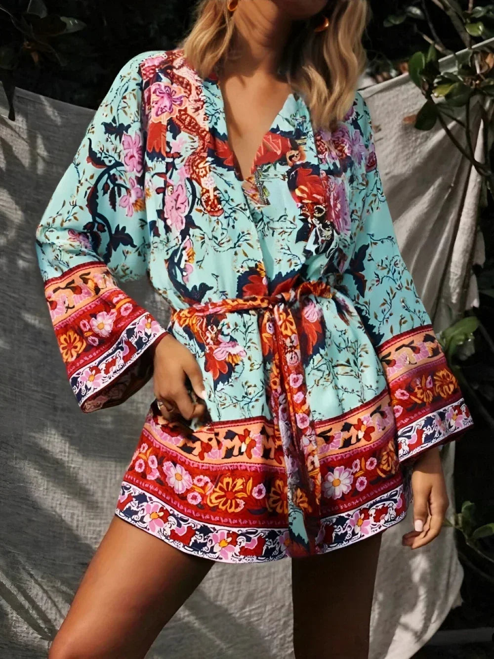 Boho Queens Vintage Peacock Floral Print Sashes Beach Kimono Women Bohemian Wrap Batwing Sleeves Holiday Bikini Cover-ups - Matrix Studios