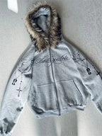 Winter Fashion Streetwear Women's Gothic Punk Faux Fur Hooded Jacket With Cross Print Trendy Edgy Zip - Up Sweatshirt 2026 New - Matrix Studios