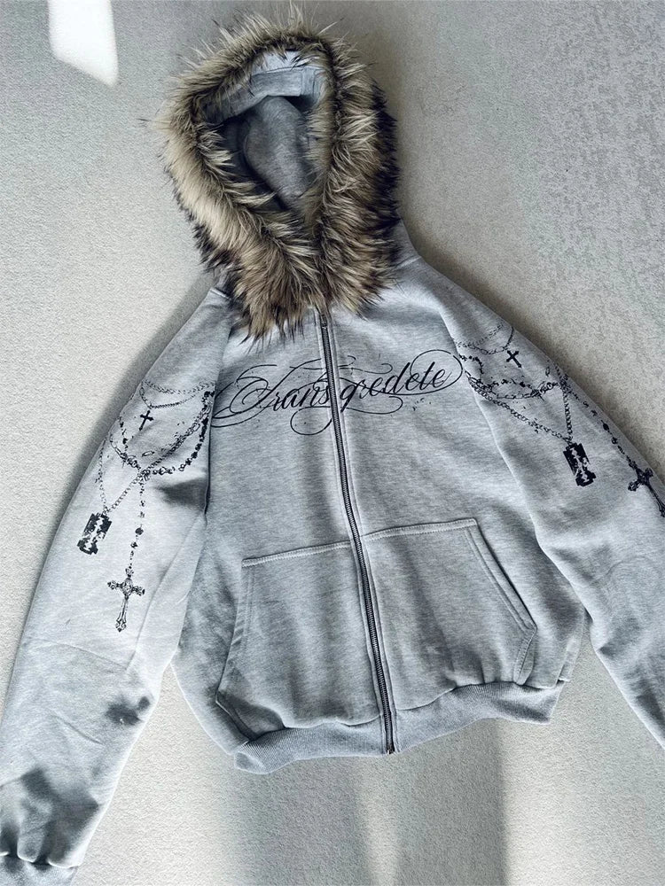 Winter Fashion Streetwear Women's Gothic Punk Faux Fur Hooded Jacket With Cross Print Trendy Edgy Zip - Up Sweatshirt 2026 New - Matrix Studios