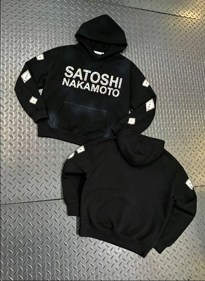 2XL High Street Retro Satoshi Hoodies Leather Embroidered Color Diamond Letter Print Fleece Hood Sweatshirts Men Women Outfit - Matrix-studios.com