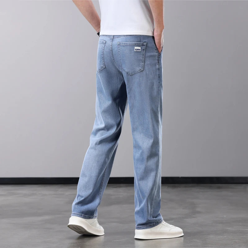 Summer Thin Men's Jeans Lyocell Fabric Soft Breathable Straight Denim Pants Brand Man Elastic Ice Silk Casual Trousers Grey Blue - Matrix Studios