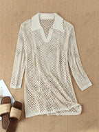 Solid Colour Beach Knit Mini Dress Women's Summer Sexy Hollow Out Long Sleeve Swimsuit Cover Up Boho Holiday Loose Beachwear K17 - Matrix Studios
