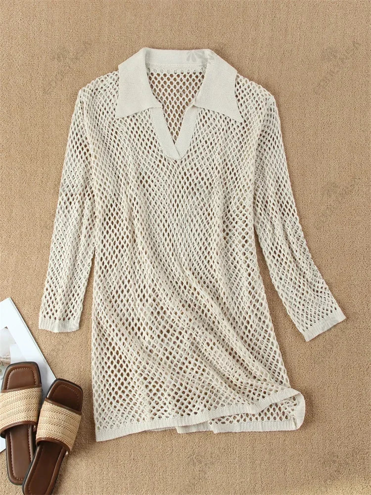 Solid Colour Beach Knit Mini Dress Women's Summer Sexy Hollow Out Long Sleeve Swimsuit Cover Up Boho Holiday Loose Beachwear K17 - Matrix Studios