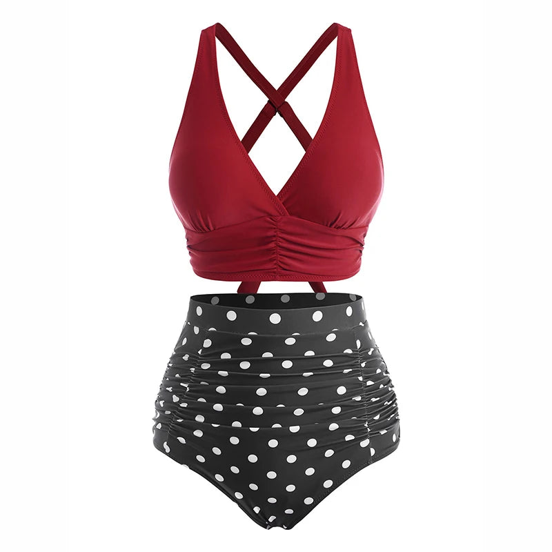 Dressfo 2025 Women's Tummy Control Tankini Sets Swimsuit Vintage Swimwear Polka Dot Ruched Crisscross Summer Beach Bathing Suit - Matrix-studios.com