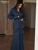 Clacive Fashion Loose Pink Cotton Office Women 2-Piece Sets 2027 Winter Long Sleeve Blazer With High Waist Maxi Skirt Set Female - Matrix-studios.com