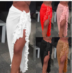 5 Colors Ruffle Sarong for Women 2024 Summer Solid Bikini Long Skirt Beach Dress Swimming Sun Protection Swim Cover Ups Monokini - Matrix Studios