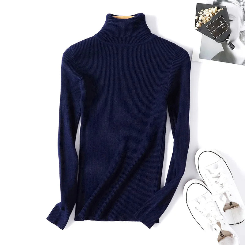 Casual Soft Polo-neck Jumper New Autumn Winter Women Knitted Turtleneck Sweater Fashion Slim Elasticity Solid Ribbed Pullovers - Matrix Studios