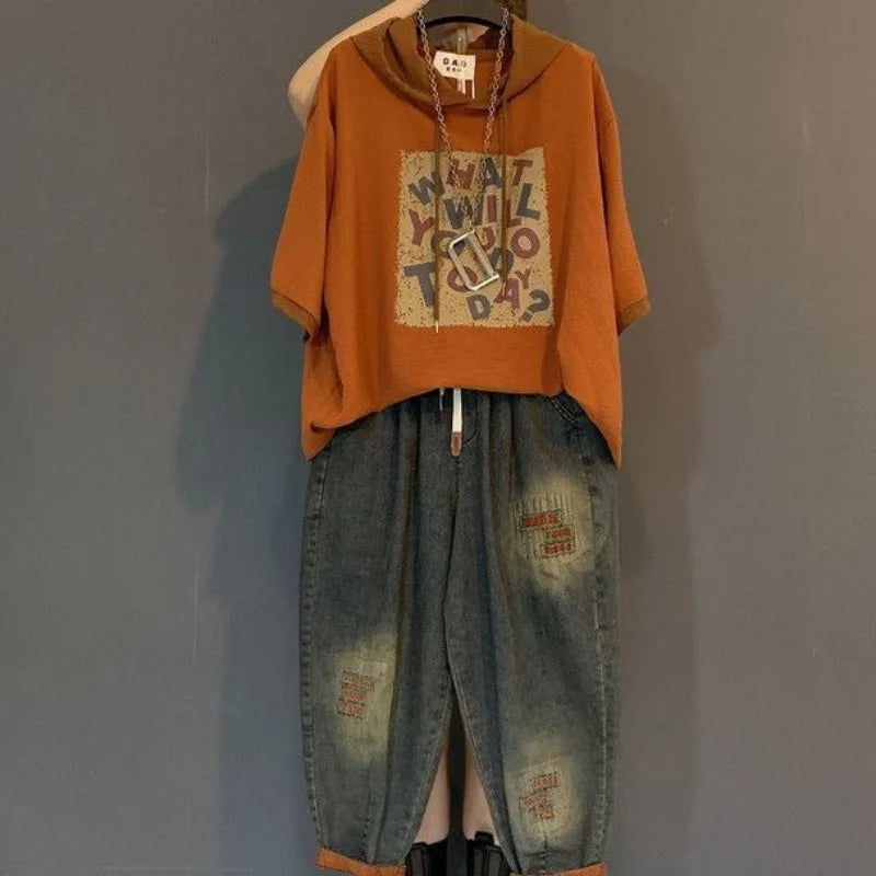 Vintage Plus Size Jeans Set Women's Two-Piece Outfit Casual Suit Denim Pants  Ladies Hooded T-Shirt Printed Jeans Sets - Matrix-studios.com