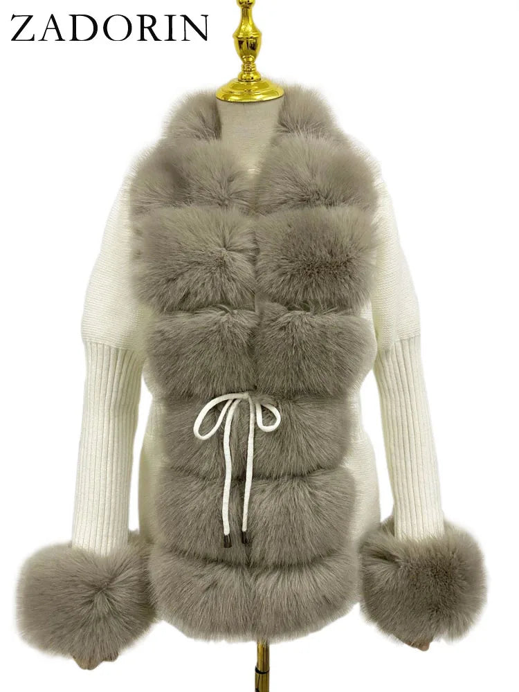 ZADORIN Autumn Winter Women Faux Fur Coat Luxury Knitted Sweater Fur Cardigan Detachable Collar White Pink Jacket Faux Fur Coats - Matrix Studios