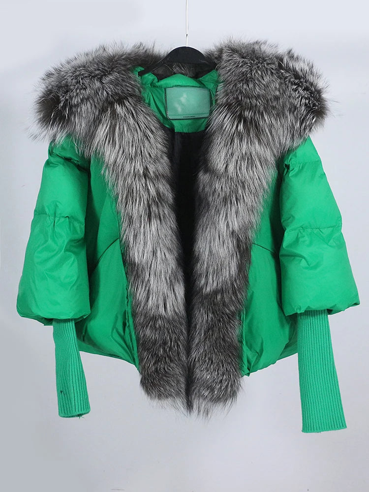 Loose Natural Real Fox Fur Collar Coat Thick New European Fashion White Duck Down Jacket Winter Women Warm Luxury Outerwear - Matrix Studios