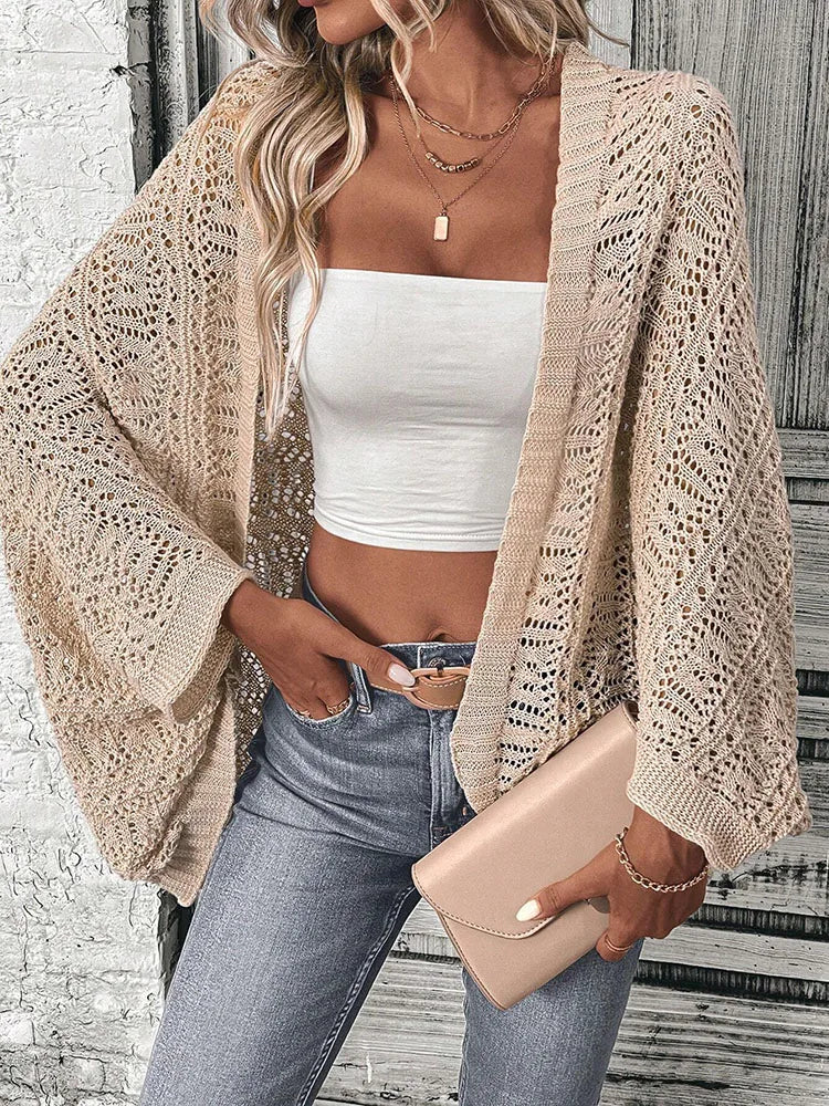 Polyester 100.00% Solid Color Camisole Knit Cardigan Elegant Front Open Bat Wing Sleeve Loose Cardigan for Women - Matrix Studios