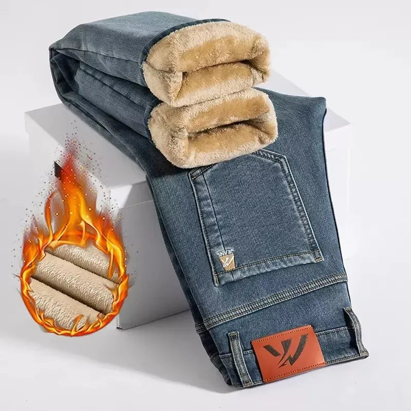 Winter Fleecy Thickened Warm Jeans Vintage Brand Classic Retro Youth Fashion Men Fit Straight Leg Casual Stretch Denim Pants - Matrix Studios