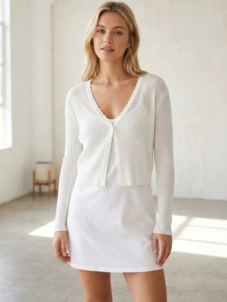 Women Cardigans Long Sleeve Knitted Outerwear Solid Thin Spring Short Sweaters V-neck Knitwears Korean Fashion Cardigans 2026 - Matrix Studios