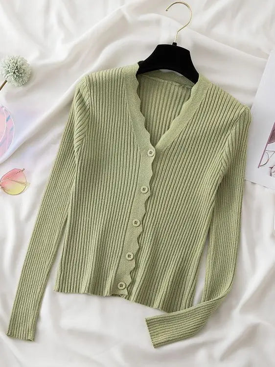 Sweater Knitted Cardigan Button Jacket 2023 Autumn Winter V-neck Long Sleeve Casual Tops For Women Sweater Green - Matrix Studios