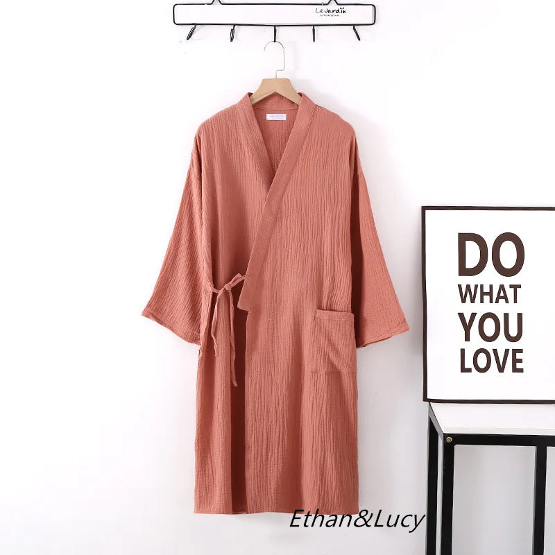 Couples Crepe Gauze Bathrobe Solid 100% Cotton Robe Long-sleeved V-neck Kimono Wedding Robes Sleepwear Plus Size Dressing Gown - Matrix-studios.com