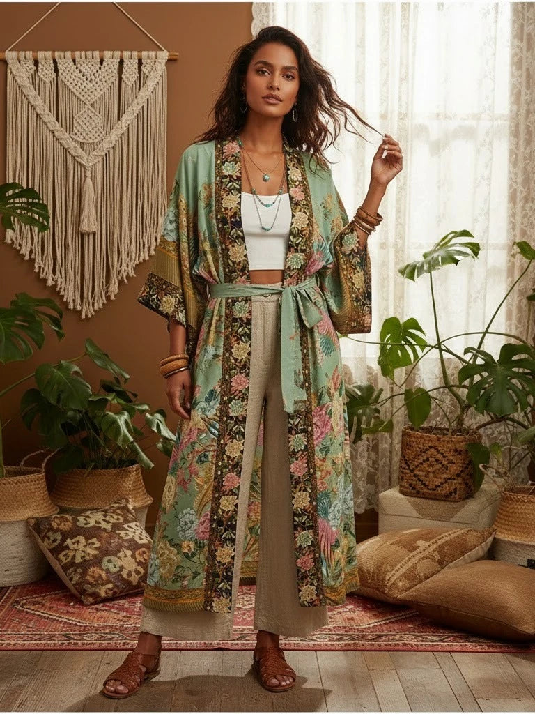 Peacock Floral Print Bat Sleeve Beach Bohemian Kimono Robe for Women Ladies Beachwear Summer Dress Bikini Boho Cover-ups - Matrix Studios