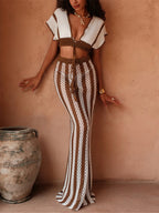 Striped Short Sleeve Crochet Knit 2 Pieces Suits Beach Cover Up Cover-ups Beach Shorts Beach Wear Beachwear Female Women K6704 - Matrix Studios
