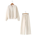 HH Women's Fall 2-Piece Retro Solid Color Zip Bomber Jacket Sweatshirt+High Waist Lace Up Women's Wide Leg Pants Street Wear - Matrix-studios.com