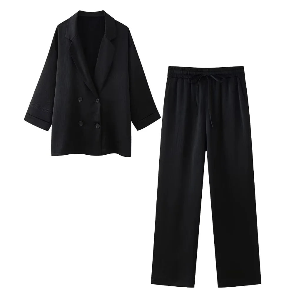 European and American Style 2024 Spring and Summer New Women's Clothing Wrinkle Effect Double Breasted Suit Jacket Pants Set - Matrix-studios.com