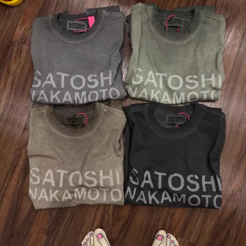 Summer High Streetwear Vintage Washed Worn Fading Classic Letter SATOSHI Tshirts Men Women Cyberpunk Short Sleeve Y2K Tops - Matrix-studios.com