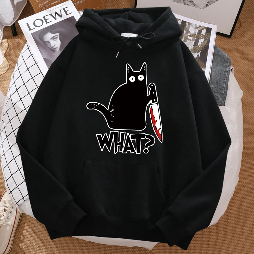 What Cute Little Black Cat Holding A Knife Men Hoodie Street Fleece Hoody Hipster Autumn Sweatshirt Hip Hop Clothing Woman - Matrix Studios