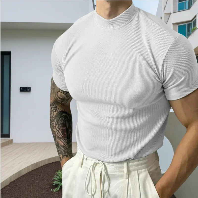 spring summer Elastic Comfortable Men's T-shirt Small high collar stripe shirt short sleeve fitness tops sports casual T-shirt - Matrix Studios