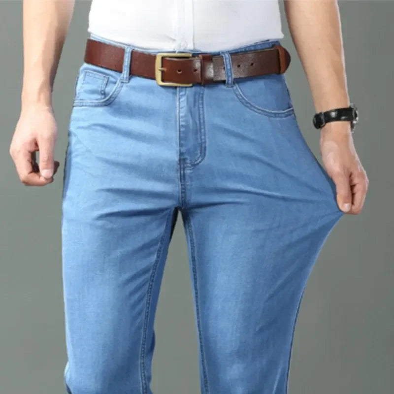New Ice Silk Thin Denim Jeans For Men Blue Straight Stretch Cotton Pants Business Casual Lightweight Trousers Spring Summer - Matrix Studios