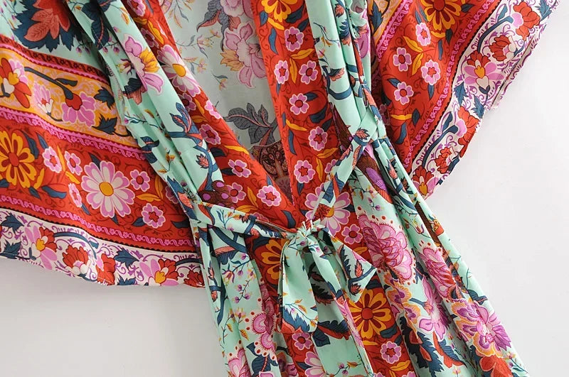 Boho Queens Women Peacock Print Bat Sleeve Beach Bohemian Kimono Robe Ladies V Neck Tassel Summer Happie Bikini Cover-ups - Matrix Studios