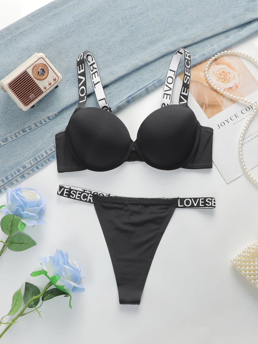 The Best-selling Sexy Gathering Promotion Style Glossy Letter Shoulder Strap Two-piece Women's Underwear Set B2050 - Matrix-studios.com