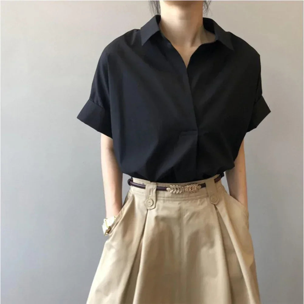 Women Blouses Spring Summer Breathable Simple Short Batwing Sleeve Turn Town Quick Dry Collar Shirts Solid Color Female Clothing - Matrix-studios.com