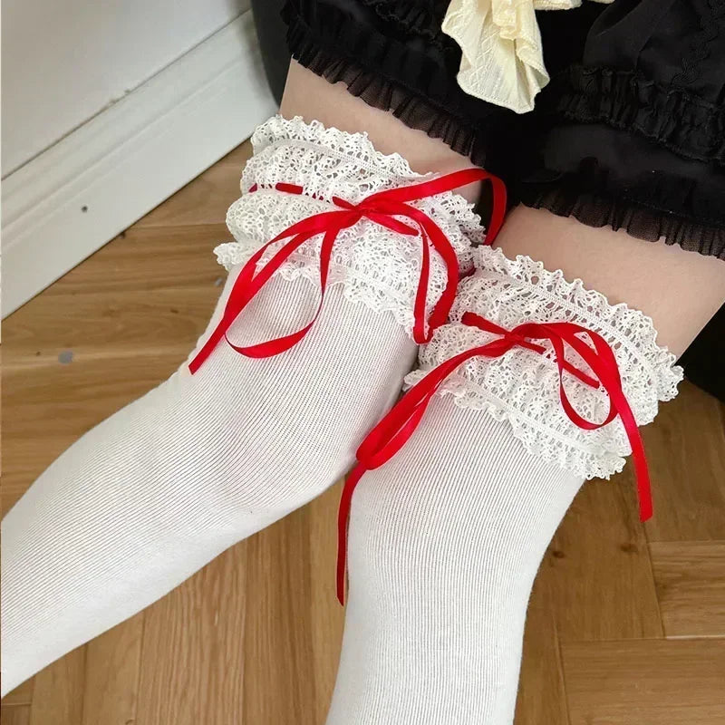 Lolita Over Knee-high Socks Cotton Sweet Lace Bow Ribbon Kawaii Calf-length Socks Thigh-high Stockings JK Cosplay Accessories - Matrix Studios