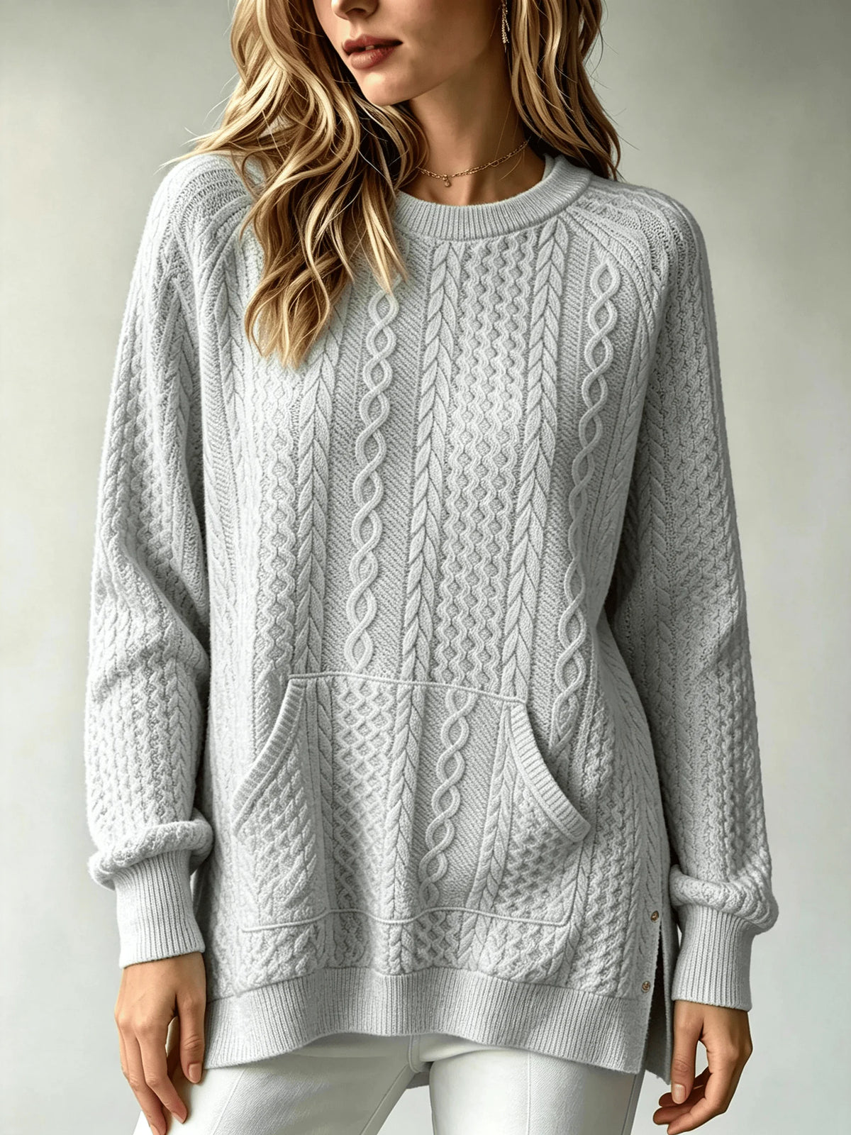 Women Cable Knit Sweater With Kangaroo Pocket Long Sleeve Crew Neck Loose Pullover Sweaters Casual Oversized Fall Winter Jumper For Ladies - Matrix Studios