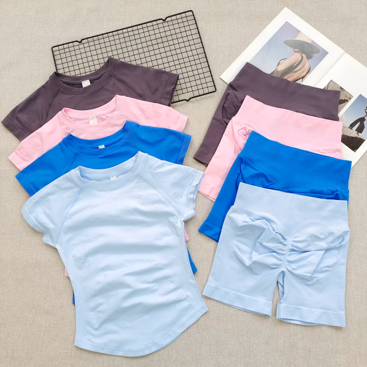 Women's Summer 2 Piece Yoga Outfit Slim Fit Short Sleeve Top High Waist Tummy Lifting Butt Shaping Shorts for Gym Running Daily - Matrix-studios.com