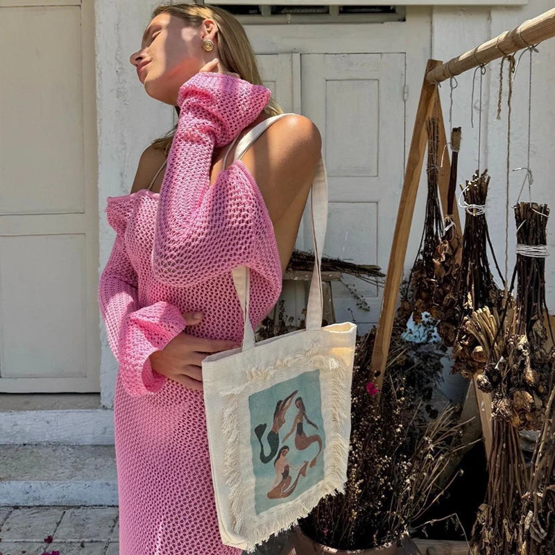 Side Slit Backless Knit Long Dress, Fashion Beach Vacation Long Sleeve Sun Protection Cover Up, All Seasons Fitted Plain Style - Matrix Studios