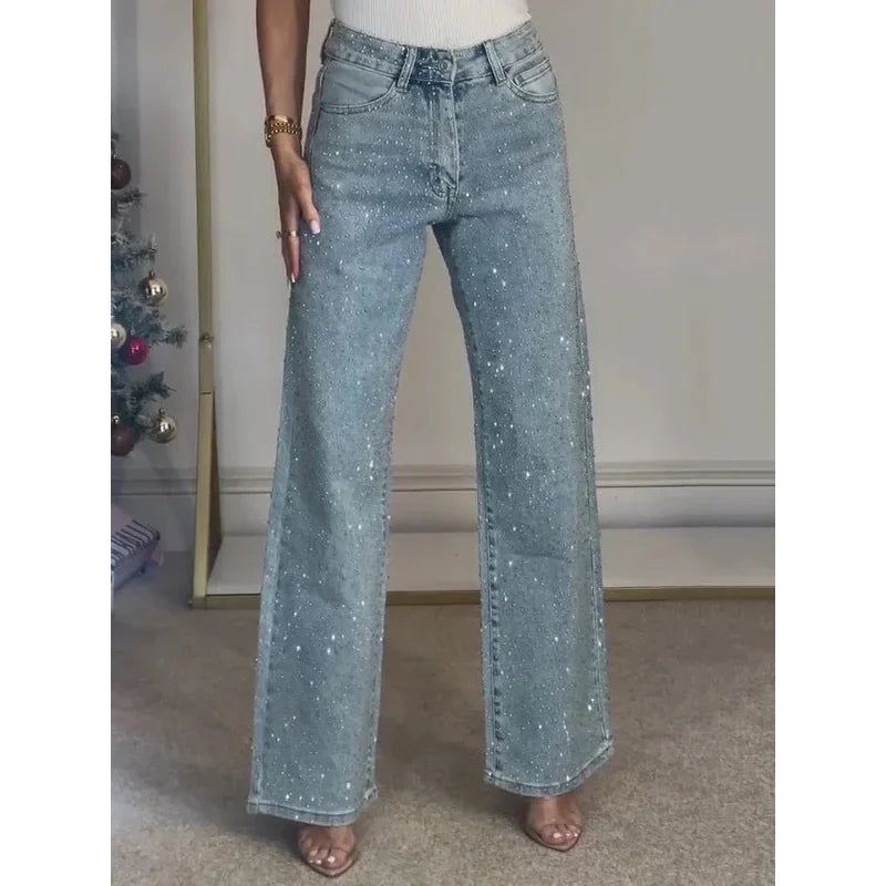 2025 Women Jeans Straight Diamonds Pants Stretch High Waist Washed Mom Jeans Y2k Streetwear Trousers Vintage Denims Streetwear - Matrix-studios.com
