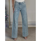 2025 Women Jeans Straight Diamonds Pants Stretch High Waist Washed Mom Jeans Y2k Streetwear Trousers Vintage Denims Streetwear - Matrix-studios.com