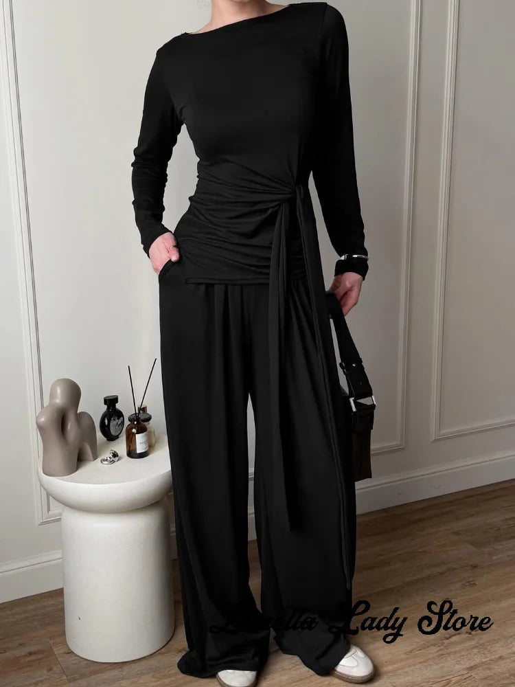 Women Brown Boat Neck Long Sleeve Side Tie Waist Slim Top Wide Leg Pants Elegant Daily Commuter Fashion Lady 2 Piece Outfit Set