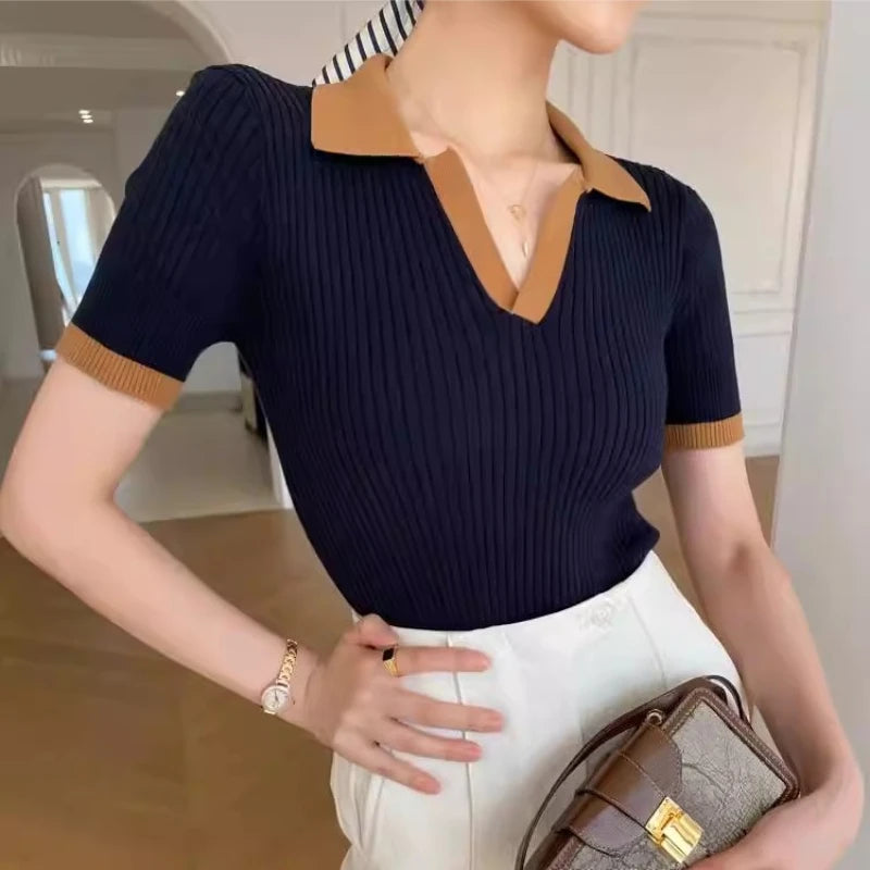 REALEFT Summer Patchwork French Style Polo Women's T-shirts 2025 New Short Sleeve Knitted Slim Shirts Knitwear Tops Female - Matrix-studios.com
