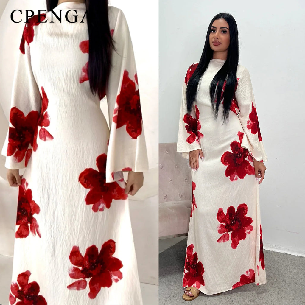 Arabesque Bell Sleeve Flowy Maxi Abaya Dress Elegant Floral Print Muslim Modest Long Dress Islamic Vacation Outfit Summer Robe - Matrix-studios.com