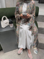 Middle Eastern Elegant Arabic Traditional Cardigan Long-Sleeved Floral Print Abaya Robe with Headscarf - Matrix-studios.com