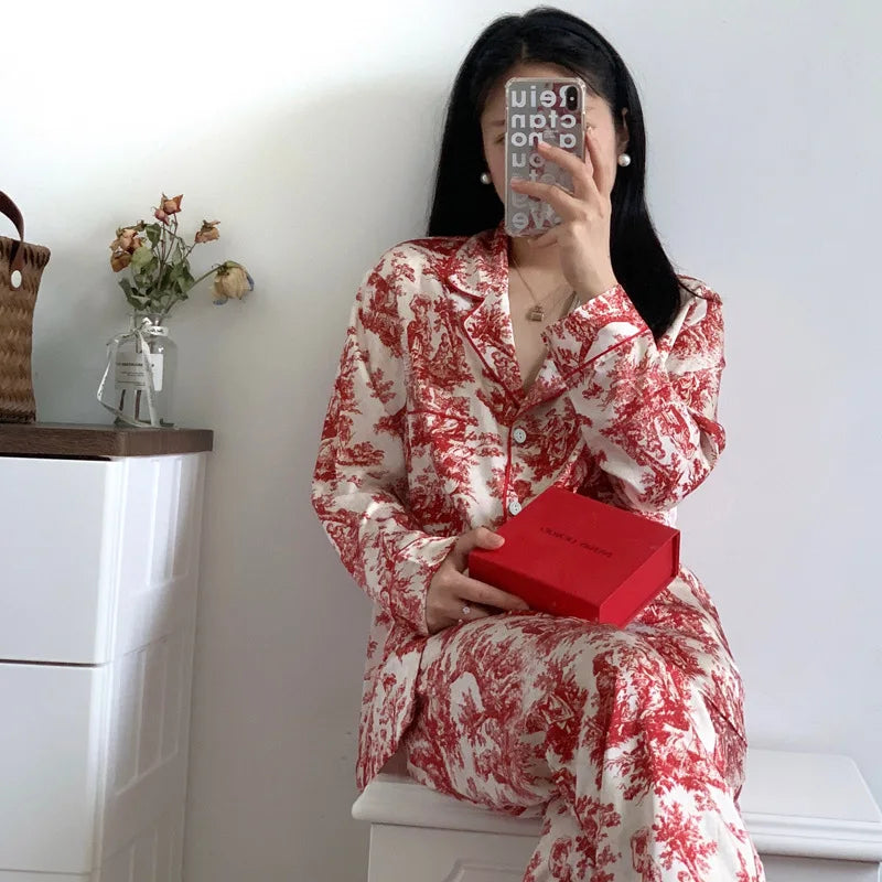 Fashion Print Flower 2PCS Pajamas Set Women Sleepwear Spring Summer Trouser Suits Lounge Wear Loose Satin Homewear Pijamas Suit - Matrix-studios.com
