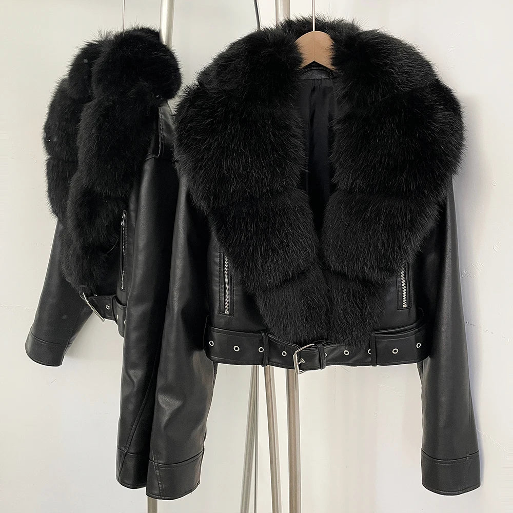 Fur Coat Eco-friendly Long Sleeve Autumn Faux Leather Jacket Short Clothing Female Spring New PU Fur Jacket Artificial Pockets - Matrix Studios