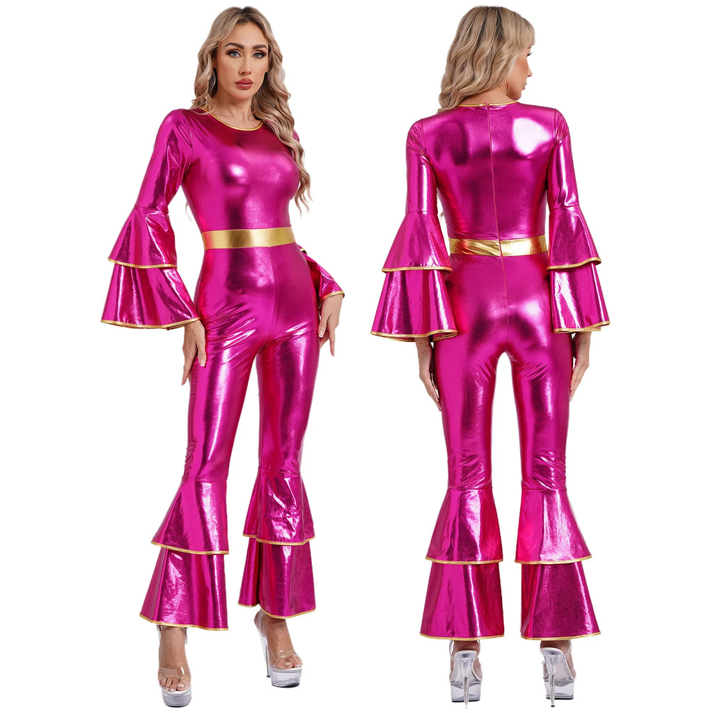 Womens 70S Disco Vintage Jumpsuit Metallic Shiny Flare Sleeve Bodysuit Hippie Bell Bottom Jazz Dance Carnival Rave Party Costume - Matrix Studios