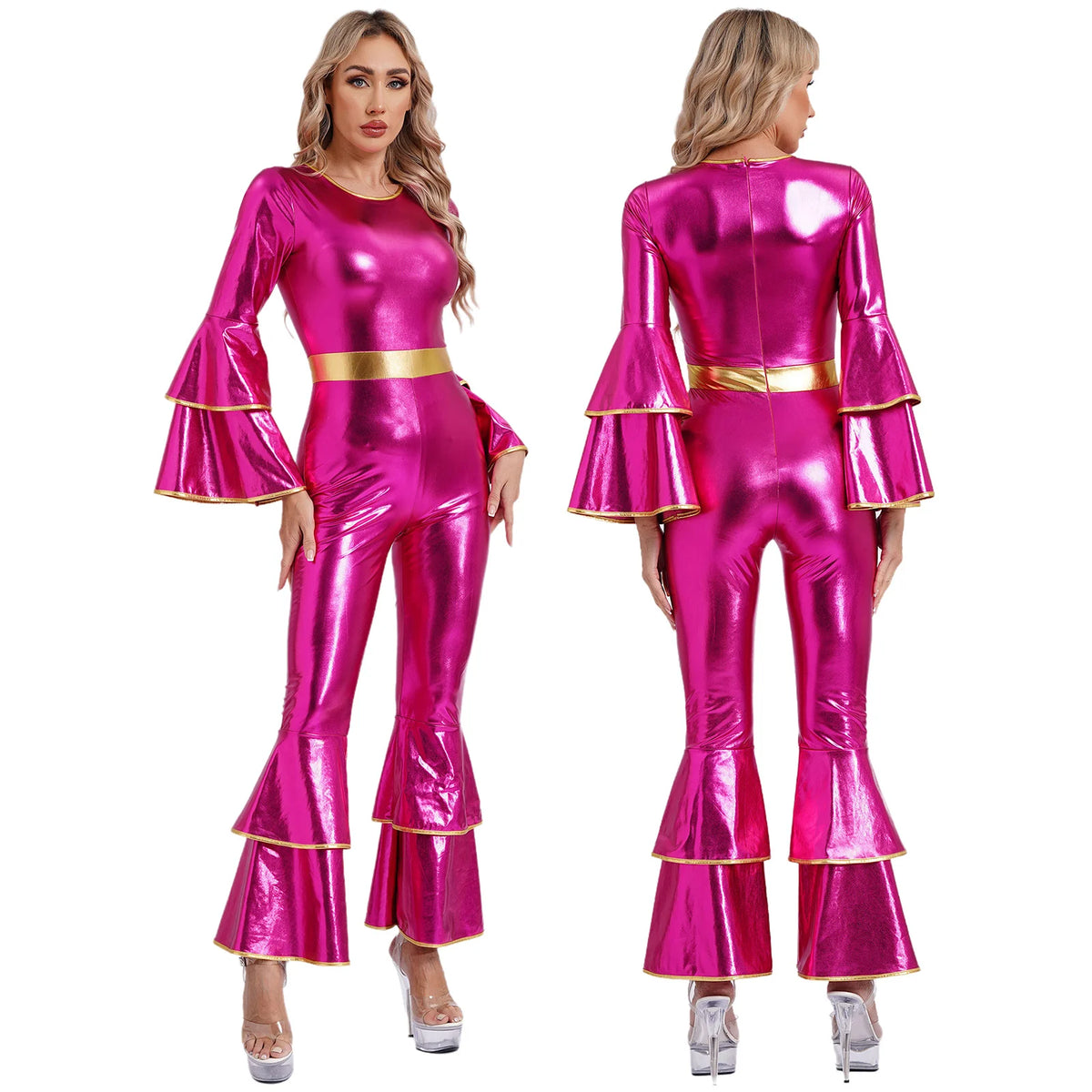 Womens 70S Disco Vintage Jumpsuit Metallic Shiny Flare Sleeve Bodysuit Hippie Bell Bottom Jazz Dance Carnival Rave Party Costume - Matrix Studios