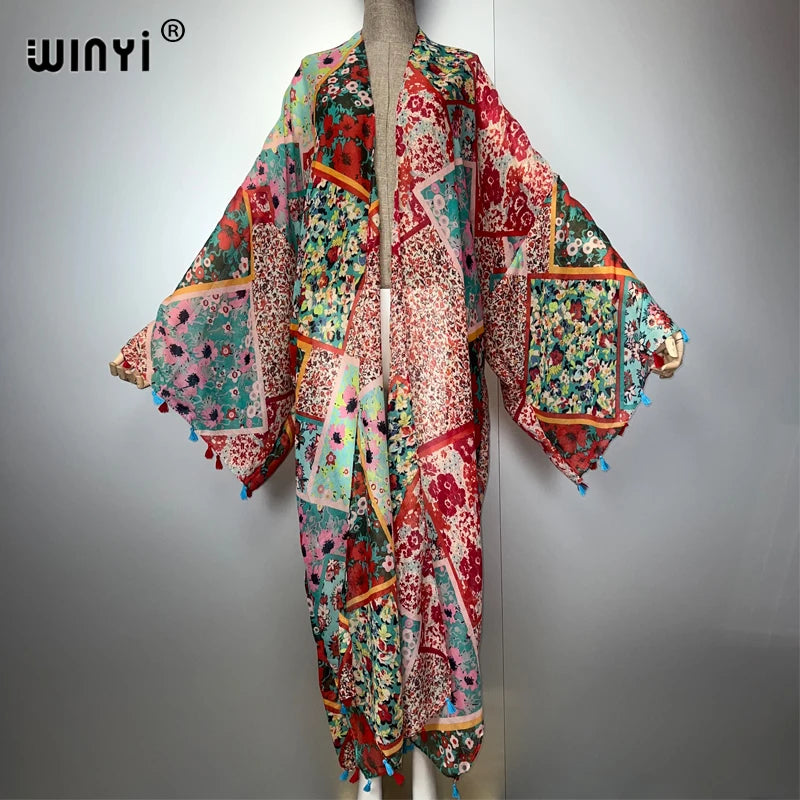 WINYI Bohemian Kimono Print Women Coat Loose Tassels Long Coat Beach Holiday Swimming Cover Up Party Dresses Luxury Dubai Abaya - Matrix Studios
