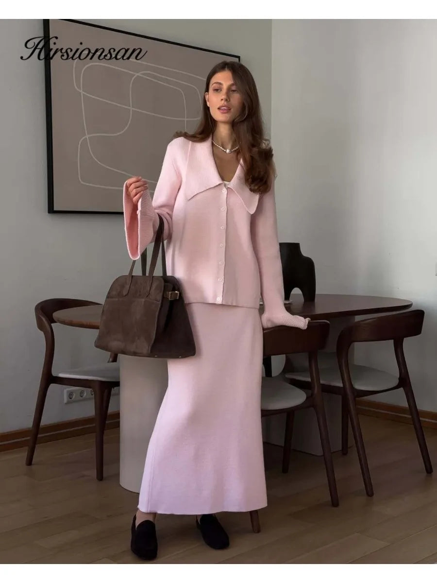 Hirsionsan Sexy Soft Elegant Vintage Women Suits 2 Pieces Female Sets Polo Neck Cardigan Sweater & Midi Dress Knitted TrackSuit - Matrix-studios.com