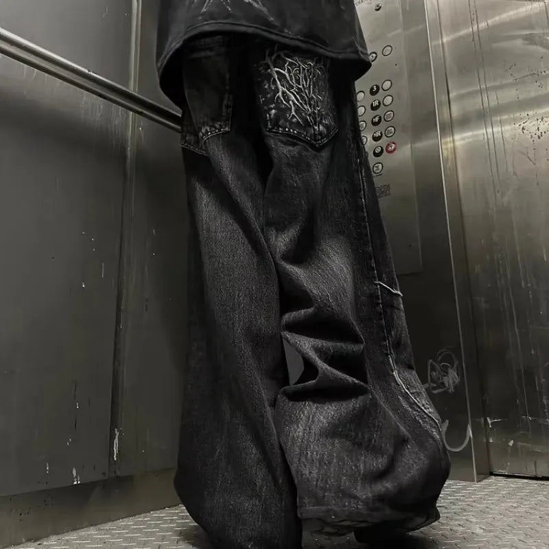 Gothic Retro Baggy Unisex Mopping Pants Y2K Phantom Jeans High Street Spider Embroidered Patch Hip Hop Streetwear Straight Jeans - Matrix Studios
