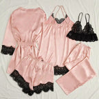 Women's Satin Sleepwear Pajama Set Pink Sexy Lingerie Bath Robe Lace Patchwork Silk Night Dress Trousers Home Clothed Nightwear